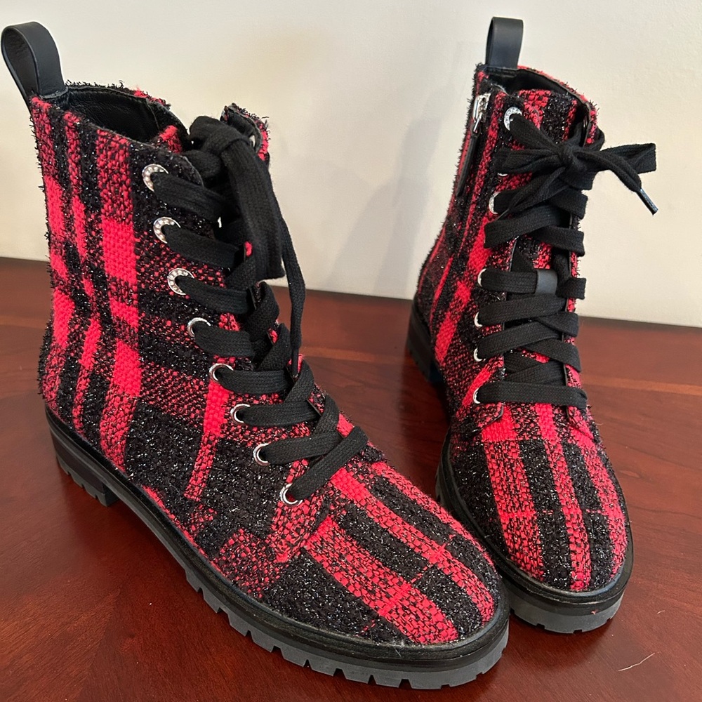 NWOT Kate Spade Plaid Lace-Up Ankle Boots - Red and Black
